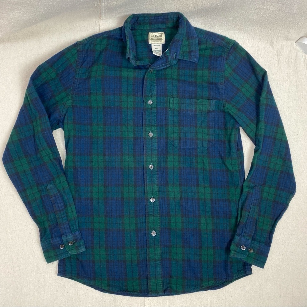 LL Bean slightly fitted flannel in black watch plaid